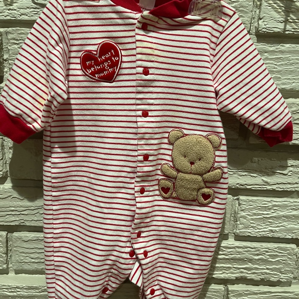 Carters-Heart Striped Red and White Baby Onesie with Bear Patch